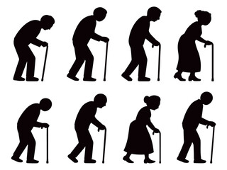 Elderly stickman silhouettes with walking cane showing senior people movement and posture, black vector icons for aging and healthcare design