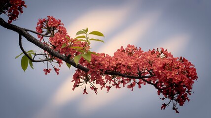 Vibrant Coral Flowers Adorning a Branch Against a Blurry Sky Background