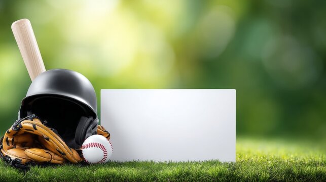 Bat, glove, helmet, and ball are arranged neatly on vibrant grass under a bright sky. This scene captures the anticipation of an exciting baseball game on a warm day