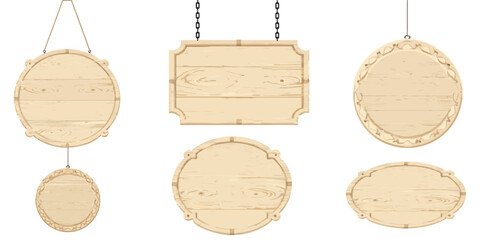 A blank wooden hanging sign with ornate carved border, realistic wood texture vector design