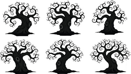 Spooky twisted tree silhouette illustration, creepy Halloween tree vector, dark forest artwork, haunted nature design, mysterious curly branches graphic