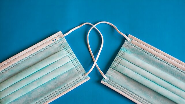 Two medical face masks forming heart shape symbolizing care and protection