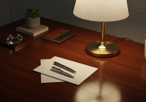 Elegant writing implements rest upon blank paper next to a glowing desk lamp on a polished wooden surface