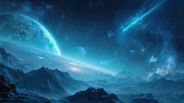 Spectacular Blue Space Landscape Featuring Distant Planet and Snowy Mountain Range Under Stars and Galaxies with Ethereal Lighting and Dark Blue Tones - Powered by Adobe
