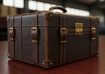 Vintage style dark brown leather travel case with brass hardware rests on a polished wooden surface