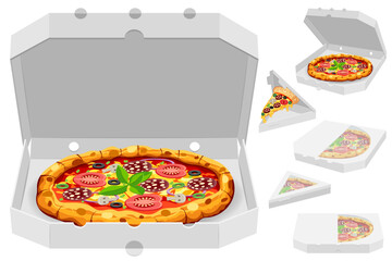 pizza in cardboard box freshly baked with sausage, tomatoes, olives, mushrooms and cheese carton sock vector illustration isolated on white background