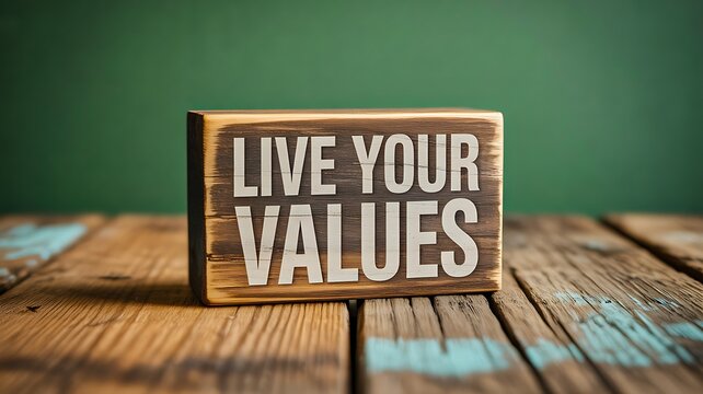 Wooden block with inspirational quote live your values on rustic table

