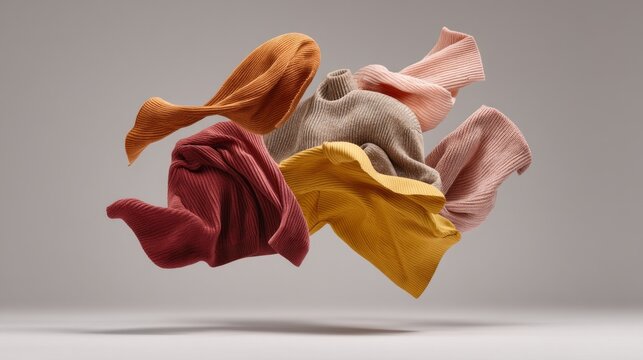 Brightly colored clothing pieces swirl and float gracefully in the air, creating a dynamic and artistic scene that captures movement and creativity