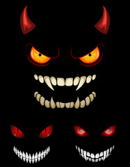 sinister face outlined with a wide toothy grin and piercing eyes on a black background, evoking an eerie and menacing feeling vector illustration cartoon stock