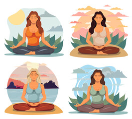 meditating young woman sitting in yoga pose cartoon stock vector illustration isolated on white background