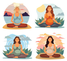 meditating pregnant young woman sitting in yoga pose cartoon stock vector illustration isolated on white background
