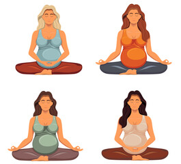 meditating pregnant young woman sitting in yoga pose cartoon stock vector illustration isolated on white background