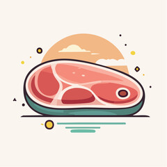 Raw Steak Cut with Marbling Fat and Bone Accent Against a Soft Sunset and Cloud Backdrop with Yellow Dots and Teal Water Elements