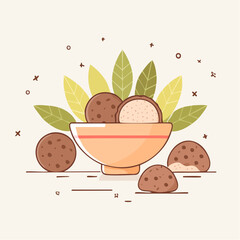 Round Brown Cookies and Dough Balls in a Light Orange Bowl with Green Leaves and Decorative Cross Symbols Against a Creamy Beige Background