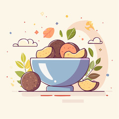 Light blue bowl filled with dark brown round food items and sliced pieces surrounded by green leaves and floating autumn elements on a light peach background