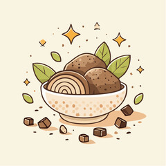 Pixel art illustration of a bowl filled with brown potato halves and a whole potato surrounded by small chocolate squares and green leaves with sparkling yellow accents on a light beige background