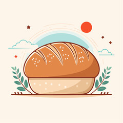 Golden Brown Round Loaf of Bread Decorated with Green Leaves and Stylized Clouds Against a Light Orange Backdrop