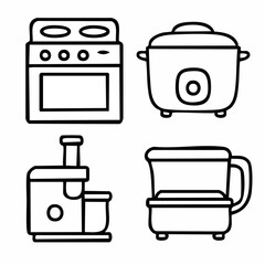 Set of four minimalist line art icons depicting essential home appliances perfect for modern digital interfaces and branding applications