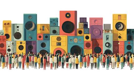 Colorful speakers tower over a crowd of people isolated on transparent background.