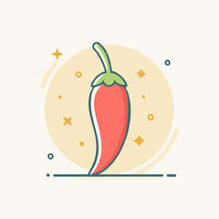Vibrant Red Chili Pepper Illustration with Sparkling Accents on a Soft Yellow Background with Thin Line Art Details