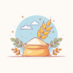 Bag of Flour with Wheat Stalk and Leaves Against a Light Blue Sky with Clouds