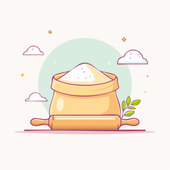 Sack of Flour and Rolling Pin with Green Leaves and Clouds Illustration