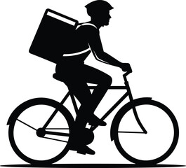 Delivery cyclist silhouette, urban courier, black and white vector, helmet rider, backpack service, fast transport, gig economy, city logistics