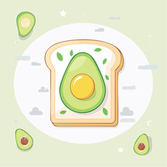 Creative Avocado Toast with Fried Egg and Green Herbs on White Bread with Light Green Background and Avocados