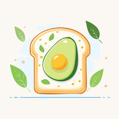 Avocado toast with a whole egg and fresh green leaves on a white background with soft blue cloud elements