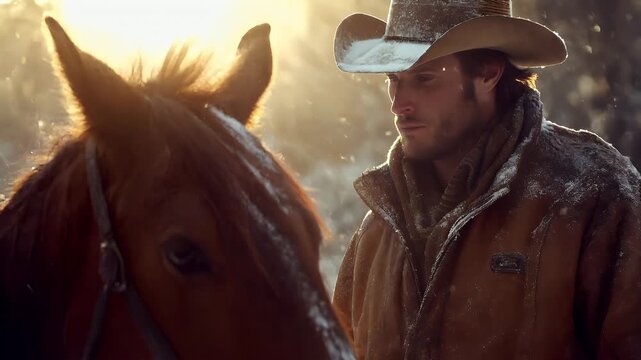 A man in a cowboy hat and leather jacket is captured in a closeup shot. The mans face is partially obscured by the hats brim, and his eyes are focused intently on something offcamera.