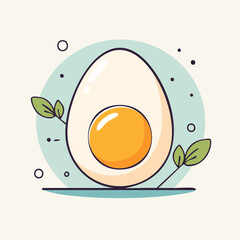 Simple Vector Illustration of a Halved Boiled Egg with a Bright Yellow Yolk Surrounded by Light Blue and Green Leafy Accents on a Creamy Background