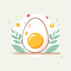 Close up of a cooked egg with bright yellow yolk and white albumen surrounded by green leaves and small yellow circles on a light beige background with small red sparkles