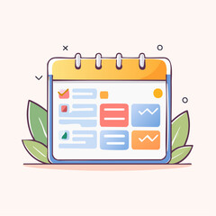 Flat design illustration of a digital calendar with a to-do list and charts on a soft peach background with green leaves