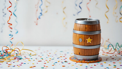 Wooden Barrel with Metallic Bands and Star Decor Celebrating Festive Party Decorations