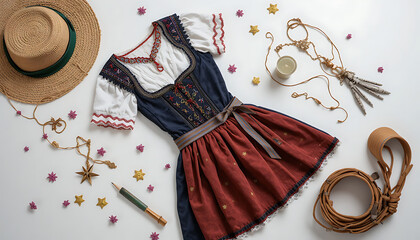 Traditional Dirndl Dress with Accessories and Straw Hat on White Background