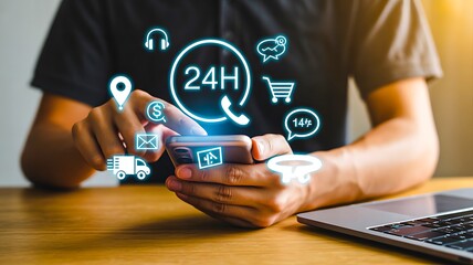 Fototapeta premium Mobile phone with digital service icons showing 24 hour online support concept 