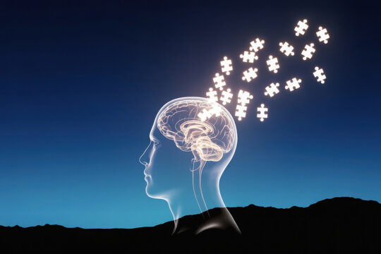 Profile of a translucent head with brain and flying puzzle pieces