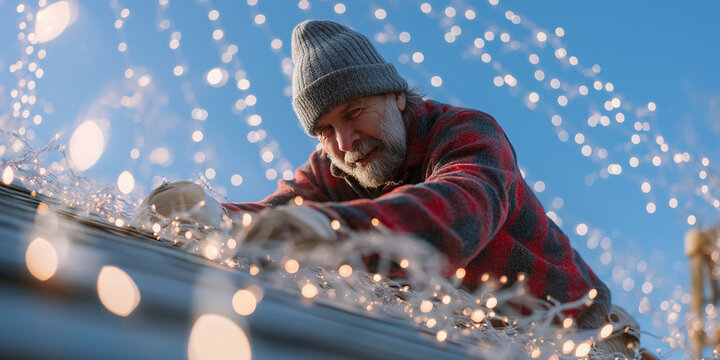 Elderly man hanging holiday lights on roof during winter morning  