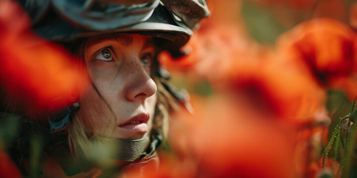 Young woman wearing helmet gazing thoughtfully among red poppies  