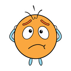 A headache emoticon showing a pained face with eyes closed and a frown, holding its head with both hands, expressing stress, discomfort, or migraine pain.
