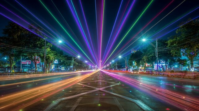 Colorful light trails streak down a city street at night, abstract effect