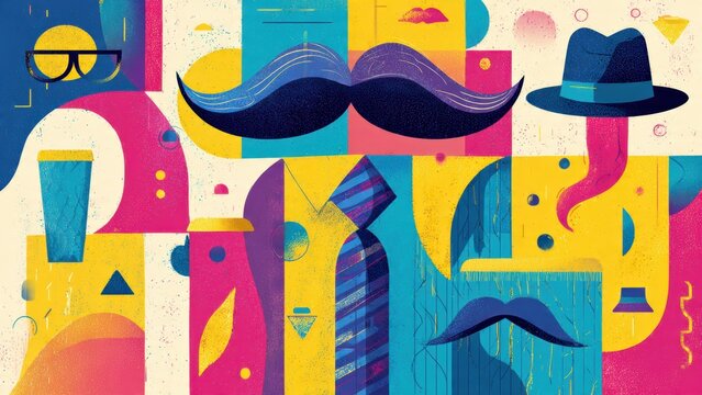 A vibrant, abstract illustration featuring colorful mustaches, hats, and geometric shapes in a playful composition.
