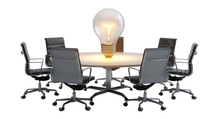 Conference table with chairs and a light bulb isolated on transparent background.