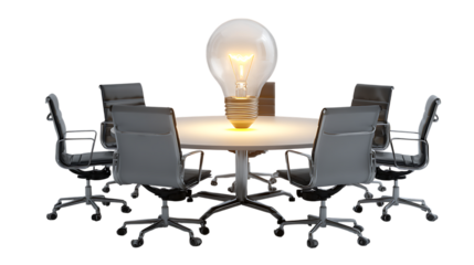 Conference table with chairs and a light bulb isolated on transparent background.
