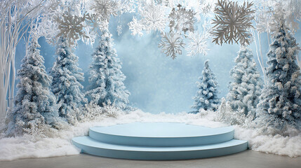 Magical winter wonderland stage with snow covered trees and hanging snowflakes for product display