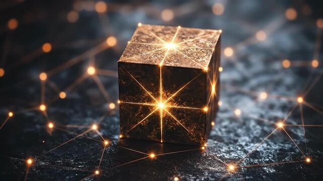 Glowing geometric cube with sparkling network on metallic surface