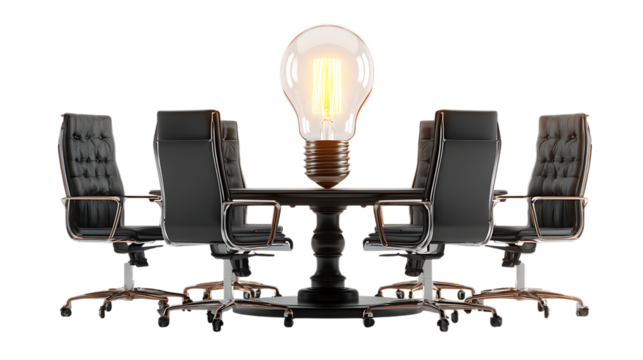 Conference table with light bulb isolated on transparent background.