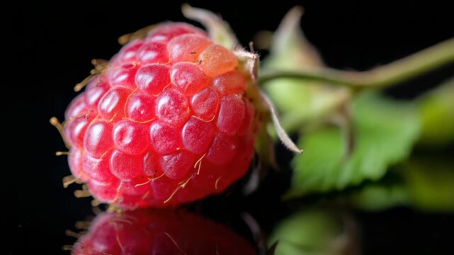 Close-up view of a fresh raspberry on a black surface showcasing its texture and color
