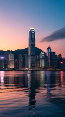 Magnificent Urban Skyline Reflects in Calm Water at Sunset