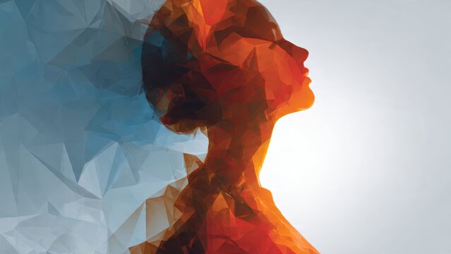 A vibrant, abstract silhouette of a woman, showcasing geometric shapes in warm and cool colors, representing beauty and creativity.